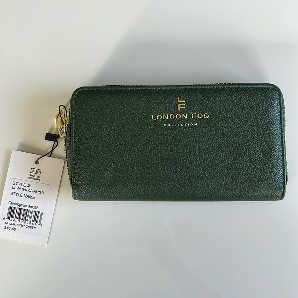 London Fog Cambridge Zip-Around Wallet in Army Green NWT